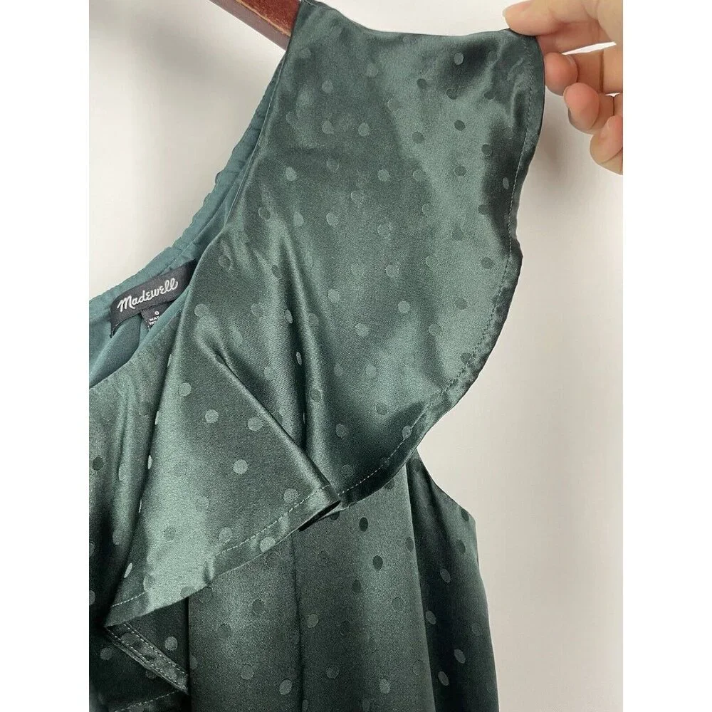 Madewell Emerald Green Silk One Shoulder Ruffle Dotted Mini Lined Dress Size 0‎